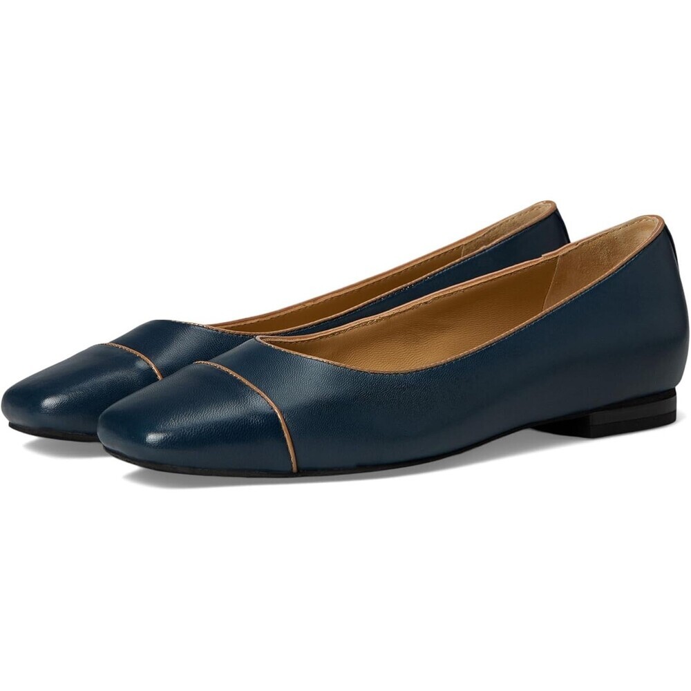 Trotters Harbor Flat Women's US 7.5 Navy Tan Leather Square Toe Slip On HAWK242